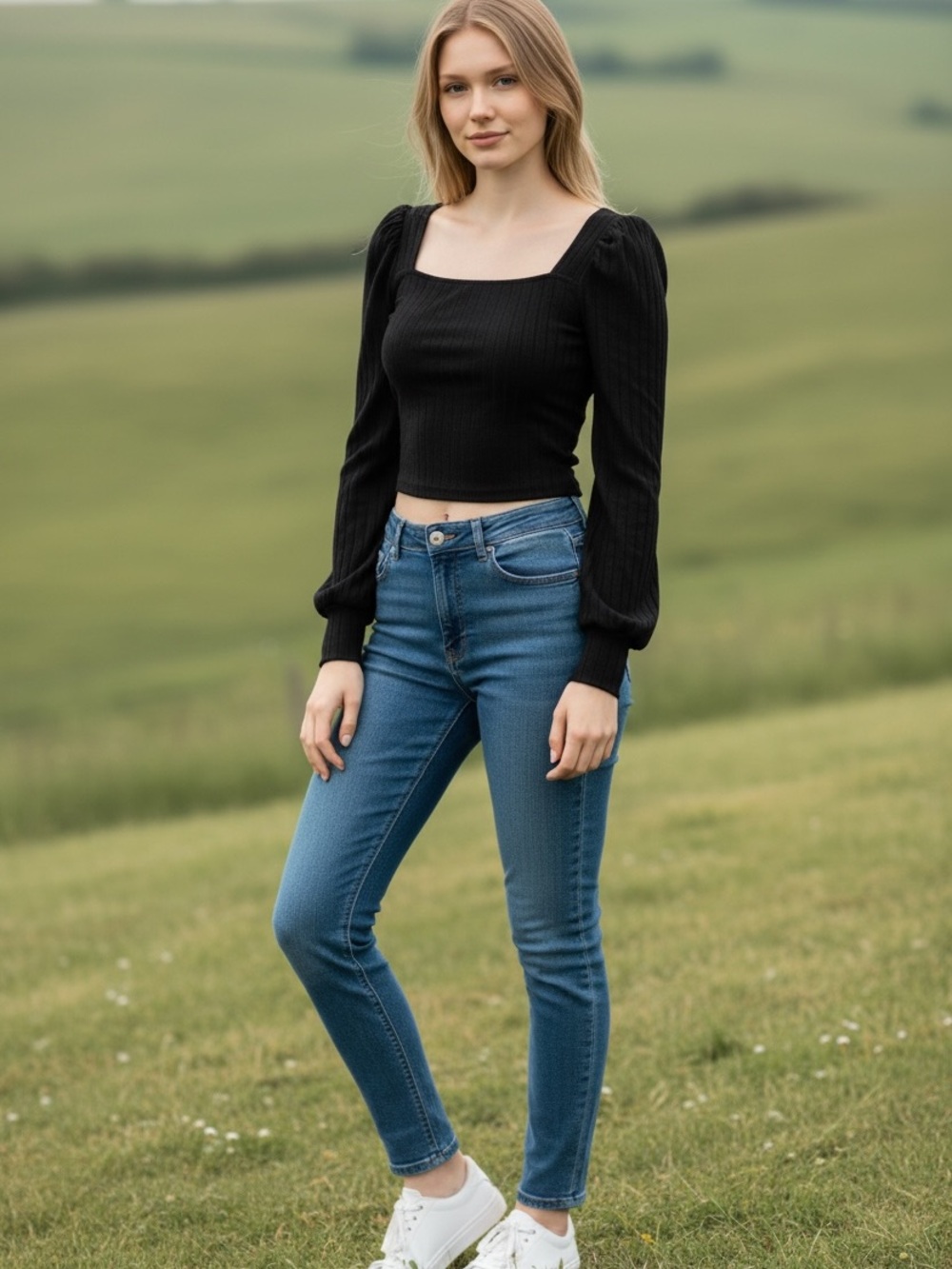SHEIN Black Ribbed Square Neck Long-Sleeve Crop Top